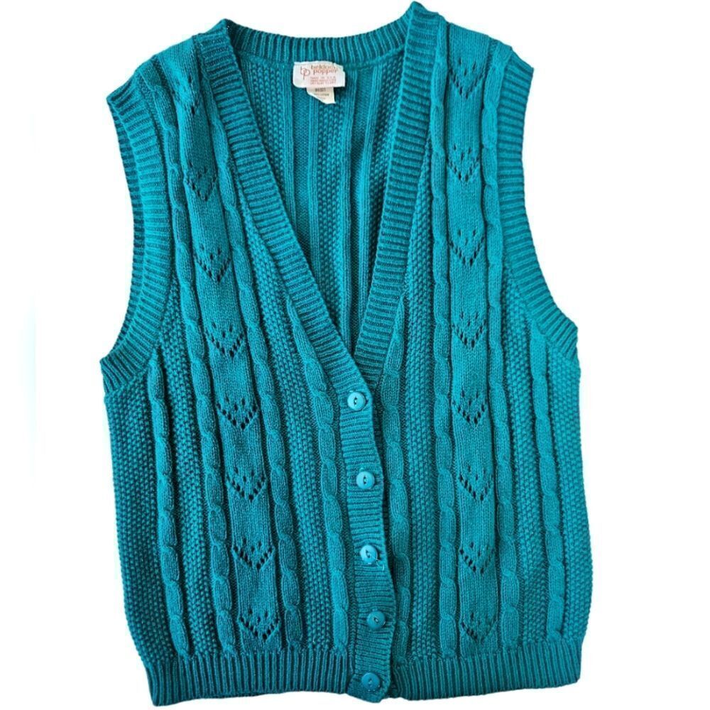 Vintage '80s Beldoch Popper Chunky Cable Knit Teal Grandpa Sweater Vest M/10